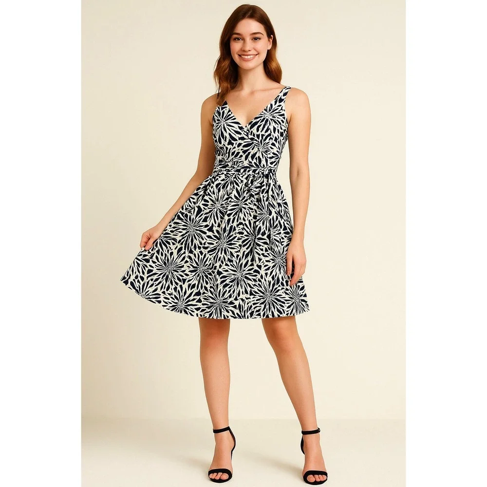 American Living Navy White Floral Fit &‎ Flare Dress Belted Sleeveless Size 10